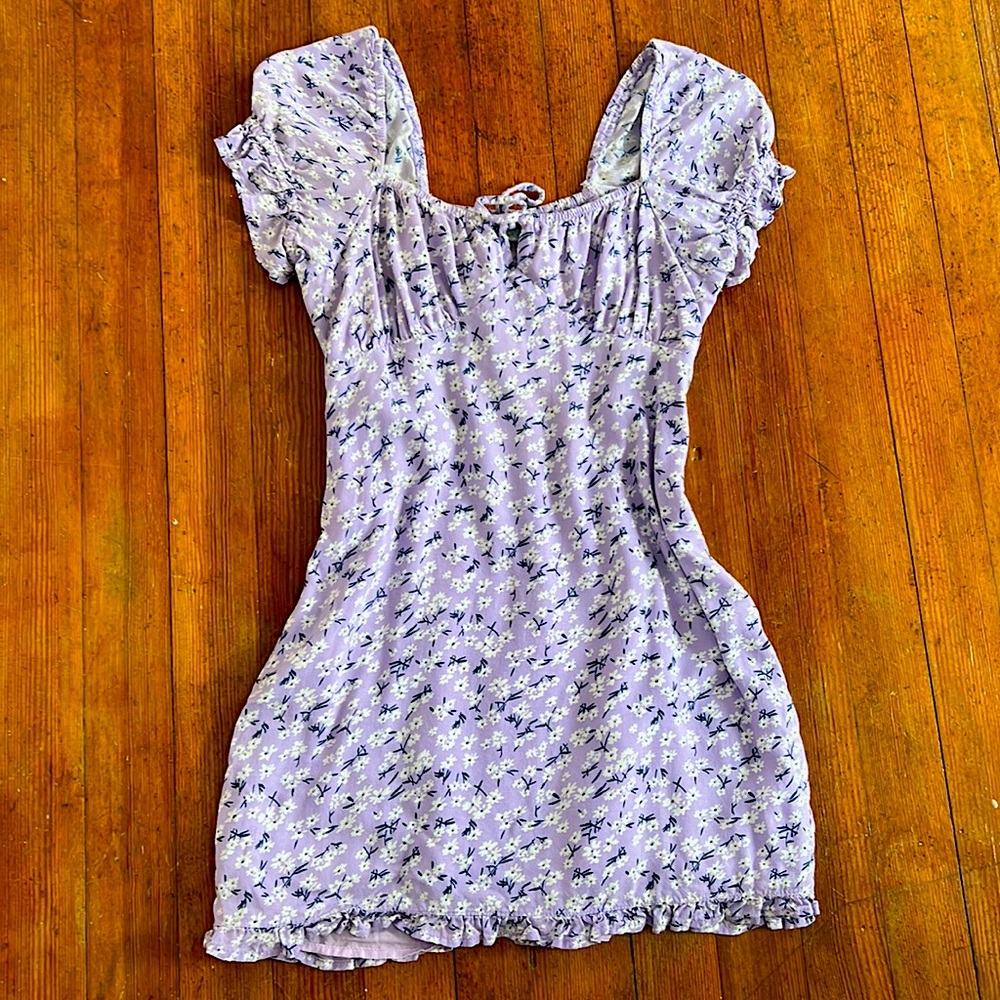 Purple and white floral mini summer/spring dress from sky and sparrow.